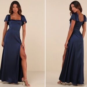 LULU's Elegant Sophisticated Sexy Chic Satin Modest Flutter Sleeve Maxi Dress